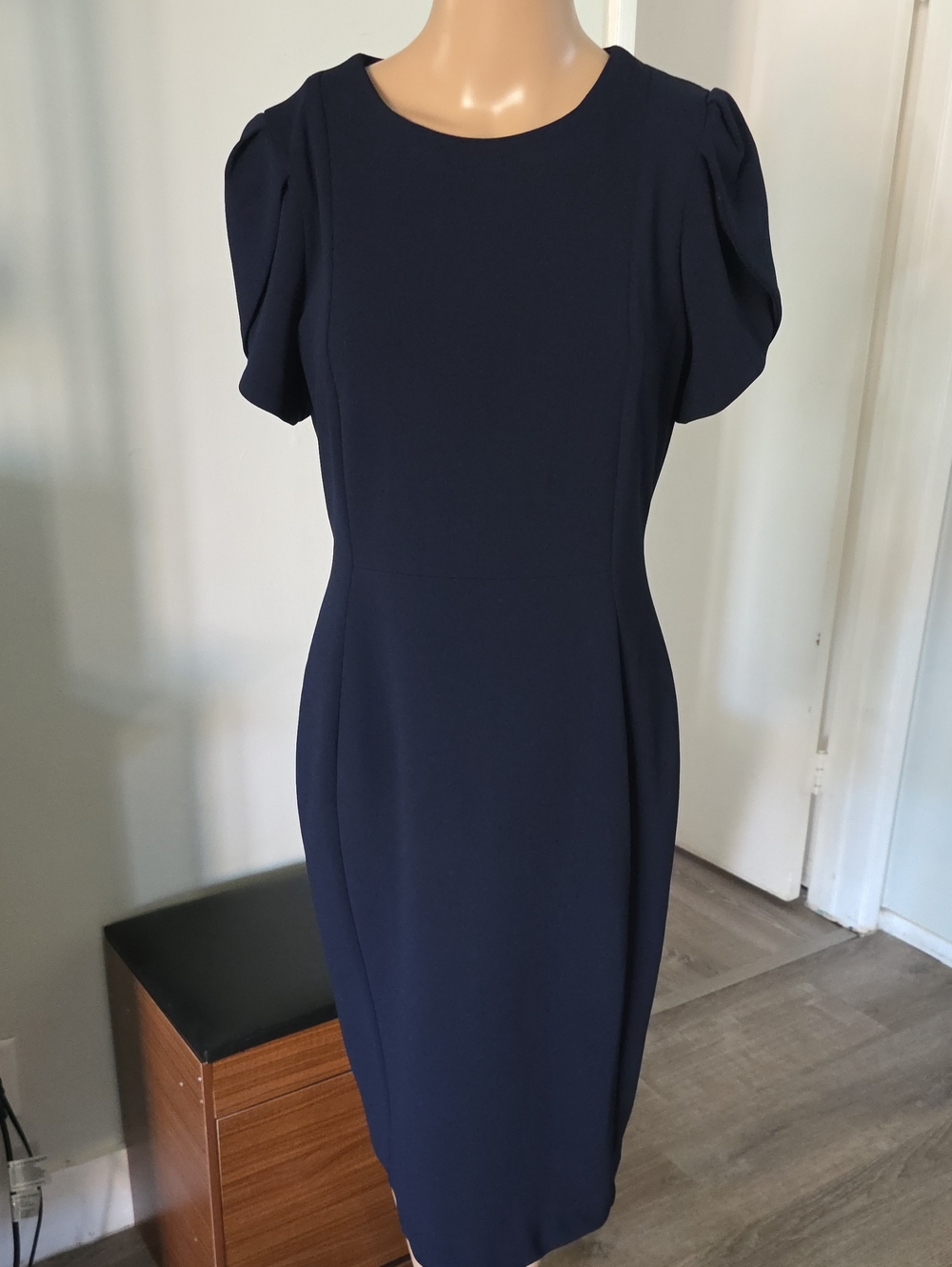 Calvin Klein Navy Midi Dress with Puff Sleeves